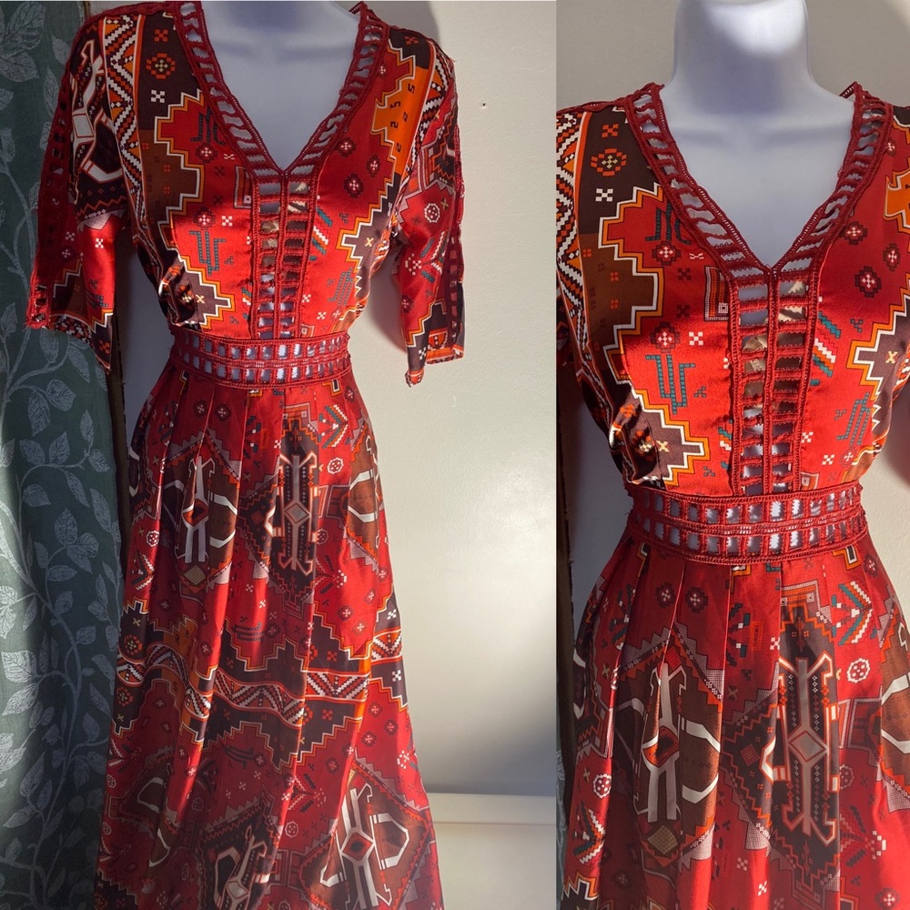 Silky Long Red Silk Cut Out Dress
